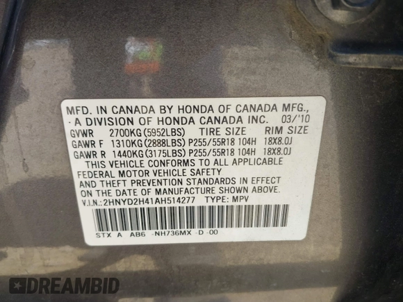 2010 Acura MDX Technology with VIN 2HNYD2H41AH514277, listed as a IAAI auction lot 41874473 with 189,224 mi miles and . Bid and sale history available at DreamBid. Image 9.