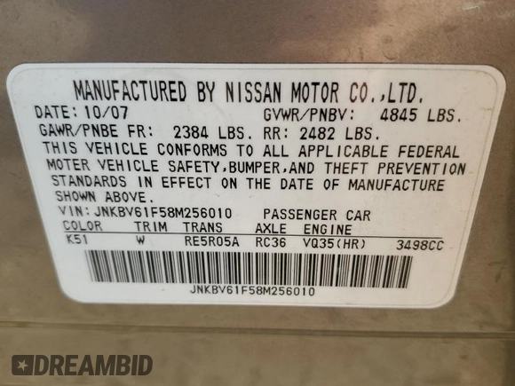 2008 Infiniti G35 x with VIN JNKBV61F58M256010, listed as a Copart auction lot 69848224 with 150,397 mi miles and Salvage Title. Bid and sale history available at DreamBid. Image 12.