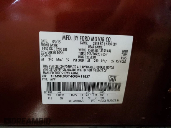 2016 Ford Explorer Sport z VIN 1FM5K8GT4GGA11837, wystawiony jako Copart lot #62486295 z przebiegiem 175 897 mil mil oraz Szkoda całkowita • Salvage title. Historia ofert i sprzedaży dostępna na DreamBid. Obrazek 13.