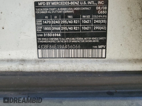 2009 Mercedes-Benz GL-Class 5.5L with VIN 4JGBF86E19A456066, listed as a Copart auction lot 69309114 with 145,319 mi miles and Salvage Title. Bid and sale history available at carsss.com. Image 13.