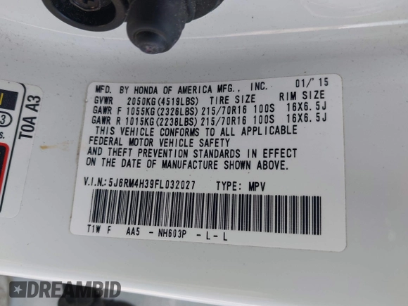 2015 Honda CR-V LX with VIN 5J6RM4H39FL032027, listed as a IAAI auction lot 42013029 with 79,210 mi miles and . Bid and sale history available at DreamBid. Image 9.