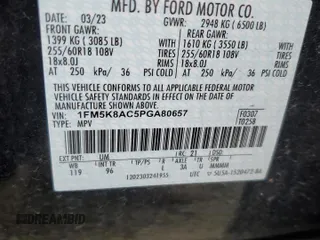 2023 Ford Explorer с VIN 1FM5K8AC5PGA80657, выставлен на аукционе Copart как лот 46322385 с пробегом 9 443 миль миль и Списание • Salvage title. История ставок и продаж доступна на DreamBid. Изображение 12.