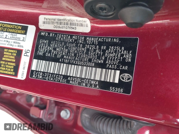 2016 Toyota Camry XLE with VIN 4T1BF1FKXGU533008, listed as a IAAI auction lot 41957727 with 184,022 mi miles. Bid and sale history available at carsss.com. Image 9.