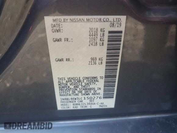 2020 Nissan Altima 2.5 SL with VIN 1N4BL4EW3LC150276, listed as a Copart auction lot 47803665 with 40,604 mi miles and Salvage Title. Bid and sale history available at carsss.com. Image 12.