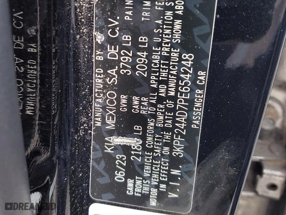 2023 Kia Forte LXS with VIN 3KPF24AD7PE654248, listed as a Copart auction lot 84835524 with 108,824 mi miles and Salvage Title. Bid and sale history available at carsss.com. Image 12.