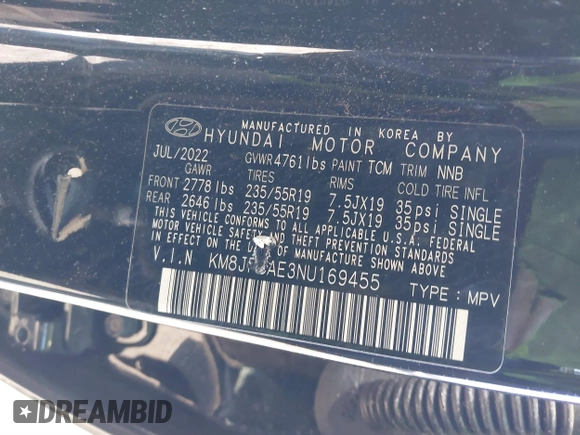 2022 Hyundai Tucson XRT with VIN KM8JFCAE3NU169455, listed as a IAAI auction lot 41844296 with 46,377 mi miles and . Bid and sale history available at carsss.com. Image 9.