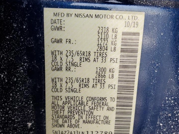2020 Nissan Murano S with VIN 5N1AZ2AJ3LN112789, listed as a Copart auction lot 89358275 with 61,652 mi miles and Salvage Title. Bid and sale history available at carsss.com. Image 13.