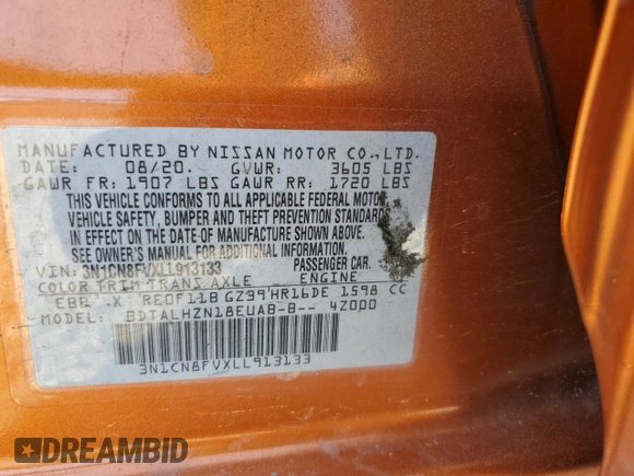 2020 Nissan Versa SR with VIN 3N1CN8FVXLL913133, listed as a Copart auction lot 52314275 with 0 mi miles and Salvage Title. Bid and sale history available at carsss.com. Image 13.