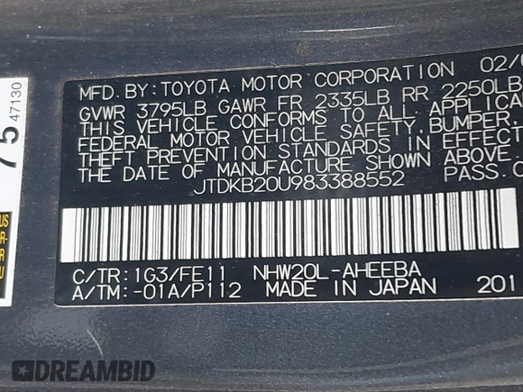 2008 Toyota Prius with VIN JTDKB20U983388552, listed as a IAAI auction lot 42267615 with 190,074 mi miles and . Bid and sale history available at DreamBid. Image 9.