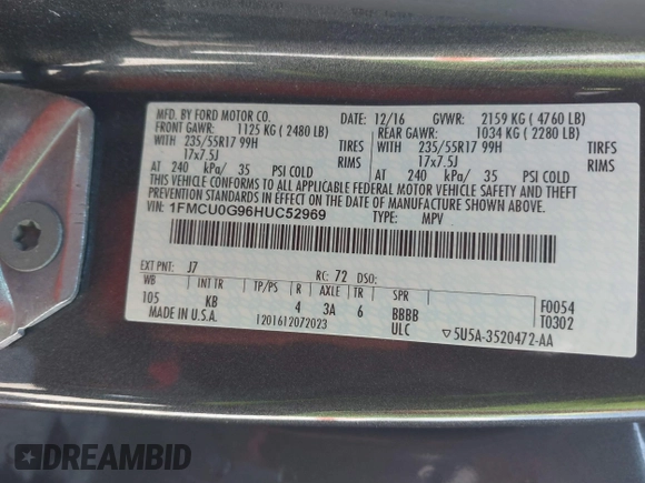 2017 Ford Escape SE with VIN 1FMCU0G96HUC52969, listed as a IAAI auction lot 41848379 with 98,177 mi miles. Bid and sale history available at carsss.com. Image 9.