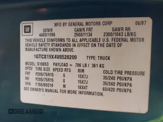 1997 GMC Sonoma SLS with VIN 1GTCS19X4V8528209, listed as a IAAI auction lot 41576867 with 217,993 mi miles. Bid and sale history available at carsss.com. Image 9.
