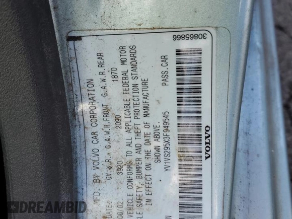 2003 Volvo S40 with VIN YV1VS295X3F949545, listed as a Copart auction lot 56421374 with 123,142 mi miles and Salvage Title. Bid and sale history available at carsss.com. Image 12.