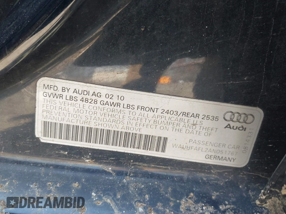 2010 Audi A4 2.0T Premium Plus with VIN WAUHFAFL2AN051767, listed as a IAAI auction lot 41899587 with 112,011 mi miles. Bid and sale history available at carsss.com. Image 9.