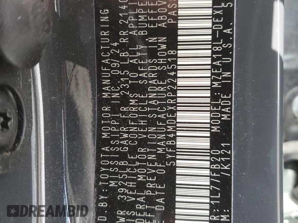 2024 Toyota Corolla LE with VIN 5YFB4MDEXRP224518, listed as a Copart auction lot 56759615 with 6,743 mi miles and Salvage title. Bid and sale history available at DreamBid. Image 12.