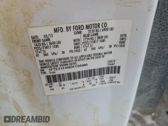 2013 Ford F-150 XL with VIN 1FTEX1EM8DFC06480, listed as a Copart auction lot 42157425 with 0 mi miles and Salvage Title. Bid and sale history available at carsss.com. Image 12.