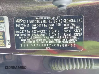 2012 Kia Sorento LX with VIN 5XYKTDA27CG286497, listed as a IAAI auction lot 41644275 with 172,913 mi miles. Bid and sale history available at carsss.com. Image 9.