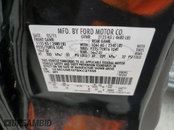 2011 Ford Escape Limited with VIN 1FMCU9EG7BKC27555, listed as a Copart auction lot 56505115 with 224,040 mi miles and Salvage Title. Bid and sale history available at DreamBid. Image 13.