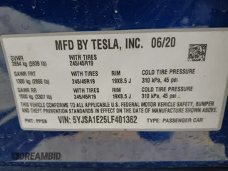 2020 Tesla Model S Long Range with VIN 5YJSA1E25LF401362, listed as a IAAI auction lot 41771363 with 28,015 mi miles. Bid and sale history available at carsss.com. Image 9.