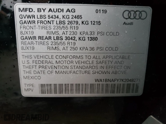 2019 Audi Q5 Premium Plus with VIN WA1BNAFY7K2048271, listed as a Copart auction lot 69819832 with 0 mi miles. Bid and sale history available at carsss.com. Image 13.