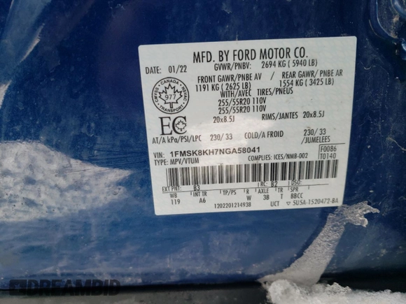 2022 Ford Explorer ST-Line с VIN 1FMSK8KH7NGA58041, выставлен на аукционе Copart как лот 45864905 с пробегом Не указан миль и На запчасти • Non repairable. История ставок и продаж доступна на DreamBid. Изображение 13.
