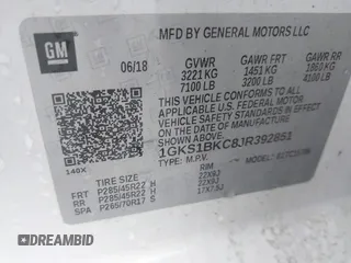 2018 GMC Yukon SLT with VIN 1GKS1BKC8JR392851, listed as a IAAI auction lot 40744741 with 117,028 mi miles. Bid and sale history available at carsss.com. Image 9.