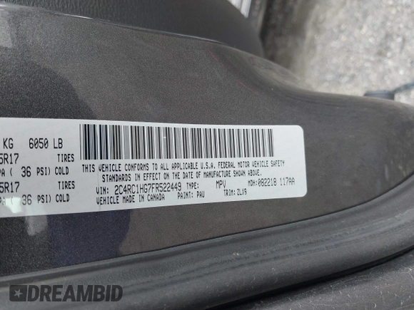 2015 Chrysler Town & Country S with VIN 2C4RC1HG7FR522449, listed as a IAAI auction lot 42021311 with 107,391 mi miles. Bid and sale history available at carsss.com. Image 9.