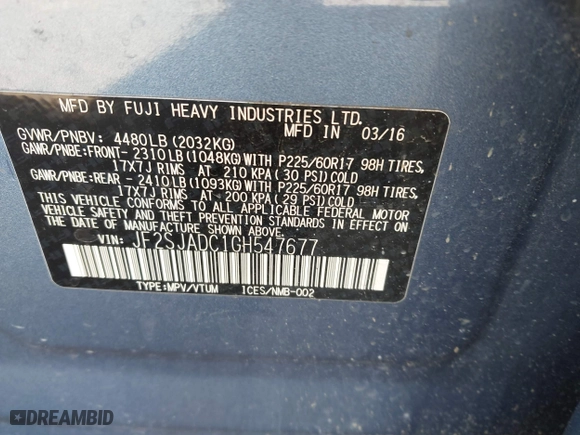 2016 Subaru Forester 2.5i Premium with VIN JF2SJADC1GH547677, listed as a IAAI auction lot 41459344 with 48,954 mi miles. Bid and sale history available at carsss.com. Image 9.