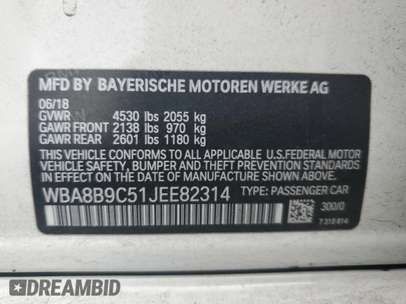 2018 BMW 3 Series 330i с VIN WBA8B9C51JEE82314, выставлен на аукционе Copart как лот 51066985 с пробегом 32 519 миль миль и Списание • Salvage title. История ставок и продаж доступна на DreamBid. Изображение 13.