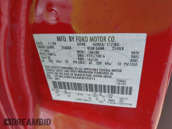 2010 Ford Escape Limited with VIN 1FMCU9EGXAKB10311, listed as a IAAI auction lot 42435998 with 82,759 mi miles and . Bid and sale history available at DreamBid. Image 9.