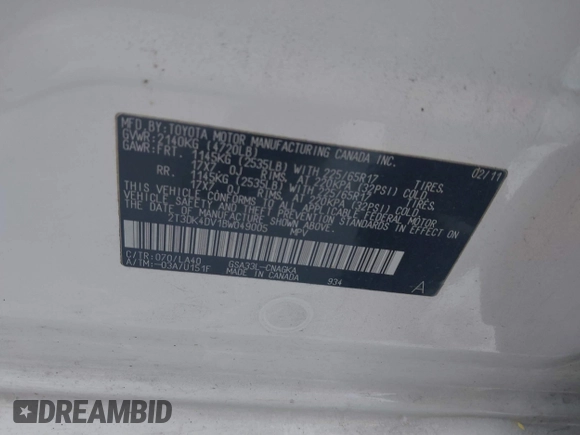 2011 Toyota RAV4 Ltd with VIN 2T3DK4DV1BW049005, listed as a IAAI auction lot 41284660 with 1 mi miles. Bid and sale history available at carsss.com. Image 9.