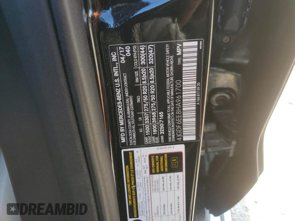 2017 Mercedes-Benz GLS 450 with VIN 4JGDF6EE8HA961700, listed as a Copart auction lot 66122294 with 81,989 mi miles and Salvage Title. Bid and sale history available at DreamBid. Image 14.