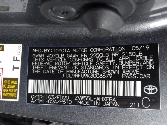 2019 Toyota Prius LE with VIN JTDL9RFU9K3008679, listed as a IAAI auction lot 41396929 with 73,378 mi miles. Bid and sale history available at carsss.com. Image 9.