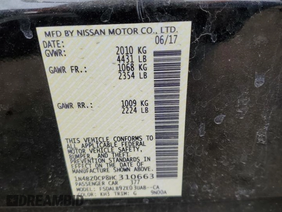 2017 Nissan LEAF SL with VIN 1N4BZ0CP8HC310663, listed as a Copart auction lot 49461363 with 34,832 mi miles. Bid and sale history available at carsss.com. Image 14.