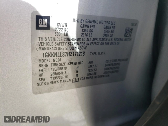 2017 GMC Acadia SLE with VIN 1GKKNLLS7HZ171218, listed as a Copart auction lot 79110674 with 82,473 mi miles and Salvage title. Bid and sale history available at DreamBid. Image 16.