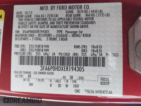 2014 Ford Fusion SE with VIN 3FA6P0HDXER194305, listed as a IAAI auction lot 41966040 with 115,746 mi miles and . Bid and sale history available at DreamBid. Image 9.