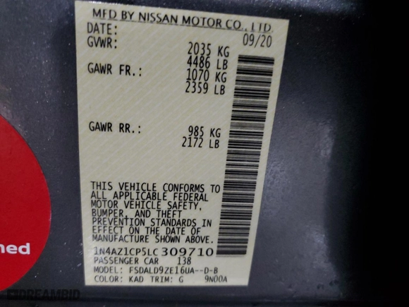 2020 Nissan LEAF SV with VIN 1N4AZ1CP5LC309710, listed as a Copart auction lot 45917895 with 59,758 mi miles and Clean Title. Bid and sale history available at carsss.com. Image 12.