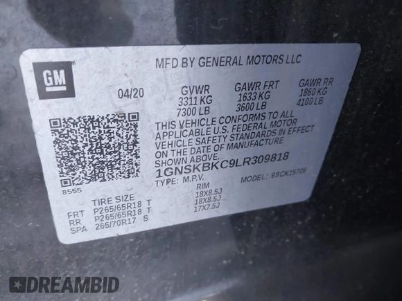 2020 Chevrolet Tahoe LT with VIN 1GNSKBKC9LR309818, listed as a IAAI auction lot 41420268 with 131,823 mi miles and . Bid and sale history available at DreamBid. Image 9.