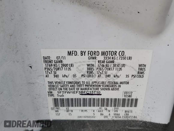 2011 Ford F-150 XL with VIN 1FTFW1EF3BFC15710, listed as a Copart auction lot 50730705 with 237,389 mi miles and Salvage Title. Bid and sale history available at carsss.com. Image 12.
