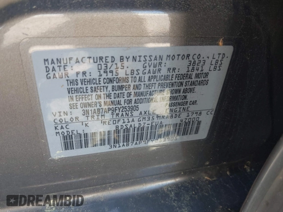 2015 Nissan Sentra S with VIN 3N1AB7AP9FY253905, listed as a IAAI auction lot 42193405 with 132,360 mi miles. Bid and sale history available at carsss.com. Image 9.