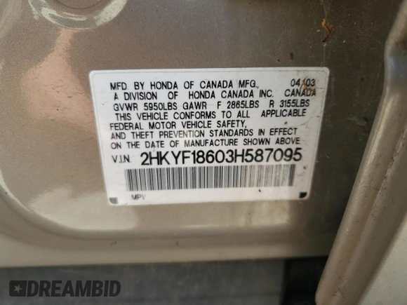 2003 Honda Pilot EX z VIN 2HKYF18603H587095, wystawiony jako Copart lot #53886125 z przebiegiem 188 388 mil mil oraz Szkoda całkowita • Salvage title. Historia ofert i sprzedaży dostępna na DreamBid. Obrazek 13.