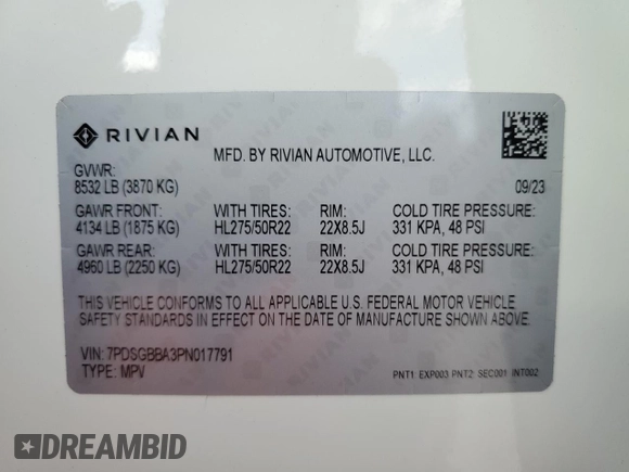 2023 Rivian R1S Adventure with VIN 7PDSGBBA3PN017791, listed as a Copart auction lot 82397374 with 20,733 mi miles and Salvage Title. Bid and sale history available at carsss.com. Image 16.