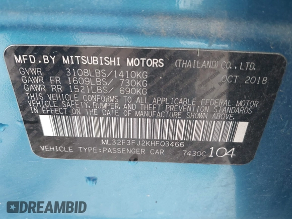 2019 Mitsubishi Mirage ES с VIN ML32F3FJ2KHF03466, выставлен на аукционе IAAI как лот 42328216 с пробегом 148 490 миль миль и . История ставок и продаж доступна на DreamBid. Изображение 9.