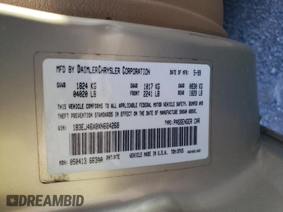 1999 Dodge Stratus z VIN 1B3EJ46X0XN684268, wystawiony jako Copart lot #70312664 z przebiegiem 140 711 mil mil oraz Szkoda całkowita • Salvage title. Historia ofert i sprzedaży dostępna na DreamBid. Obrazek 14.