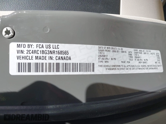 2022 Chrysler Pacifica Touring L with VIN 2C4RC1BG3NR168565, listed as a IAAI auction lot 42150290 with 61,750 mi miles and . Bid and sale history available at DreamBid. Image 9.