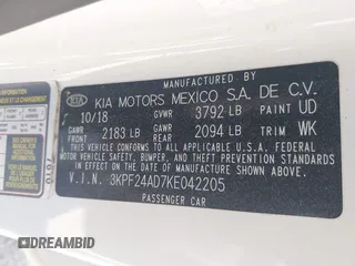 2019 Kia Forte LXS z VIN 3KPF24AD7KE042205, wystawiony jako IAAI lot #41895139 z przebiegiem 98 183 mil mil oraz . Historia ofert i sprzedaży dostępna na DreamBid. Obrazek 9.