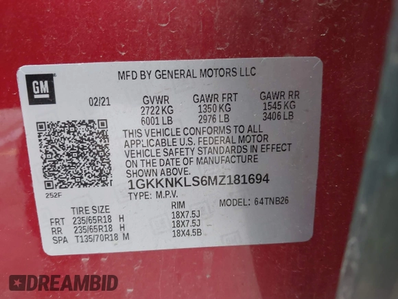 2021 GMC Acadia SLE with VIN 1GKKNKLS6MZ181694, listed as a IAAI auction lot 41536653 with 120,710 mi miles and . Bid and sale history available at DreamBid. Image 9.