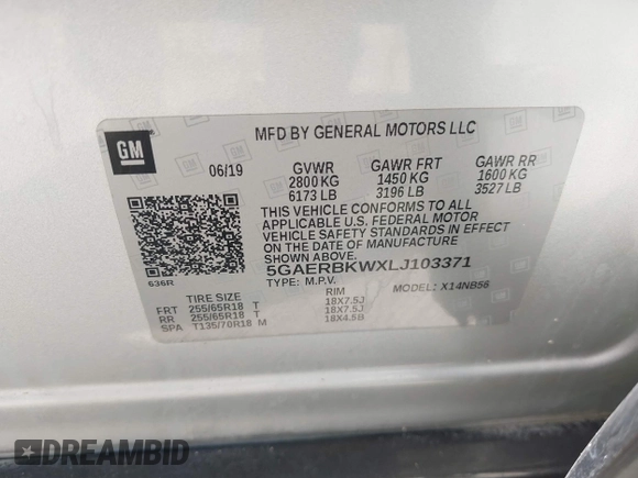 2020 Buick Enclave Essence with VIN 5GAERBKWXLJ103371, listed as a IAAI auction lot 41816183 with 104,256 mi miles. Bid and sale history available at carsss.com. Image 9.