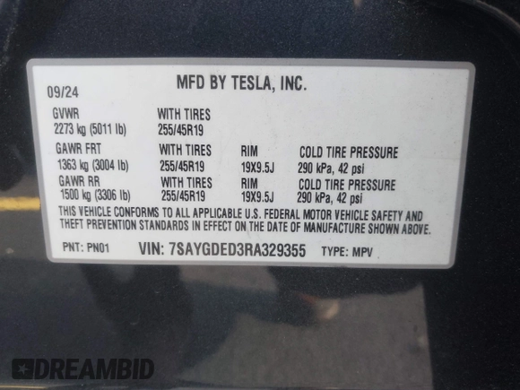2024 Tesla Model Y with VIN 7SAYGDED3RA329355, listed as a IAAI auction lot 42343269 with 8,334 mi miles and . Bid and sale history available at DreamBid. Image 9.