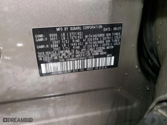 2021 Subaru Ascent Limited with VIN 4S4WMAPD0M3471823, listed as a Copart auction lot 50133095 with 49,712 mi miles and Salvage Title. Bid and sale history available at carsss.com. Image 12.