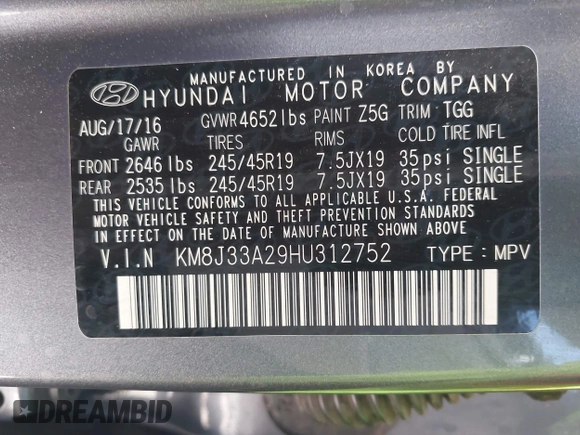 2017 Hyundai Tucson Value with VIN KM8J33A29HU312752, listed as a IAAI auction lot 42575164 with 76,297 mi miles and . Bid and sale history available at DreamBid. Image 9.
